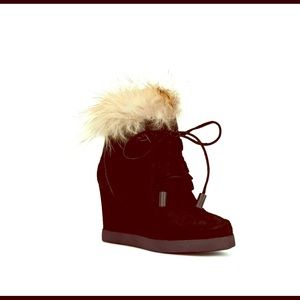 Suede black with tan faux fur wedge booties